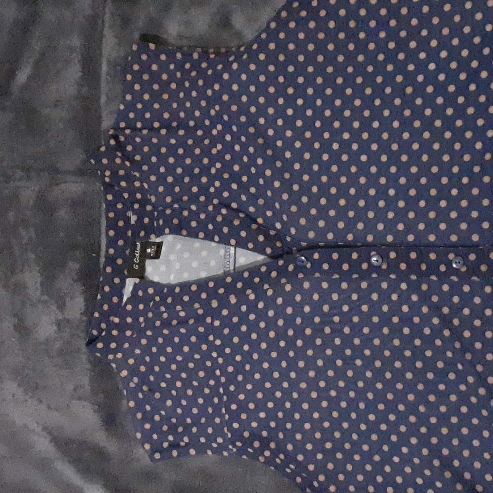 G Collection Womens Sleeveless Top XL Navy Blue with Brown Polka-dots